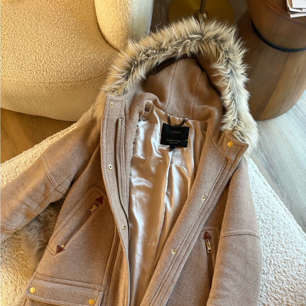 J Crew Women's Stadium Cloth Beige Hooded Coat Size 0